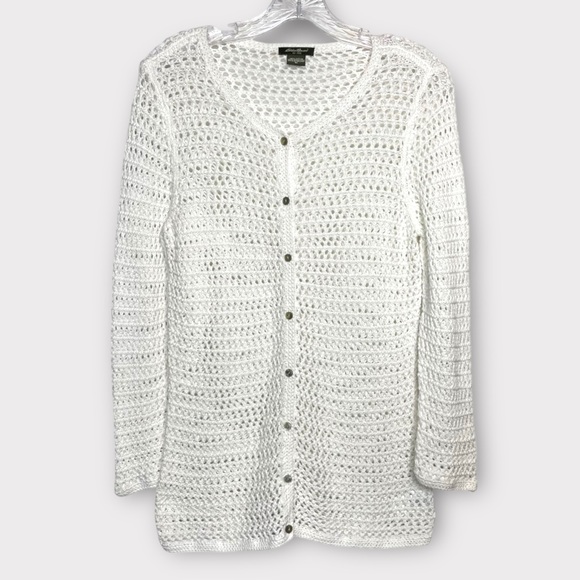 White Open Stitch Button Down Cardigan Sweater 100% Cotton Crochet Knit Sz M - Picture 1 of 7